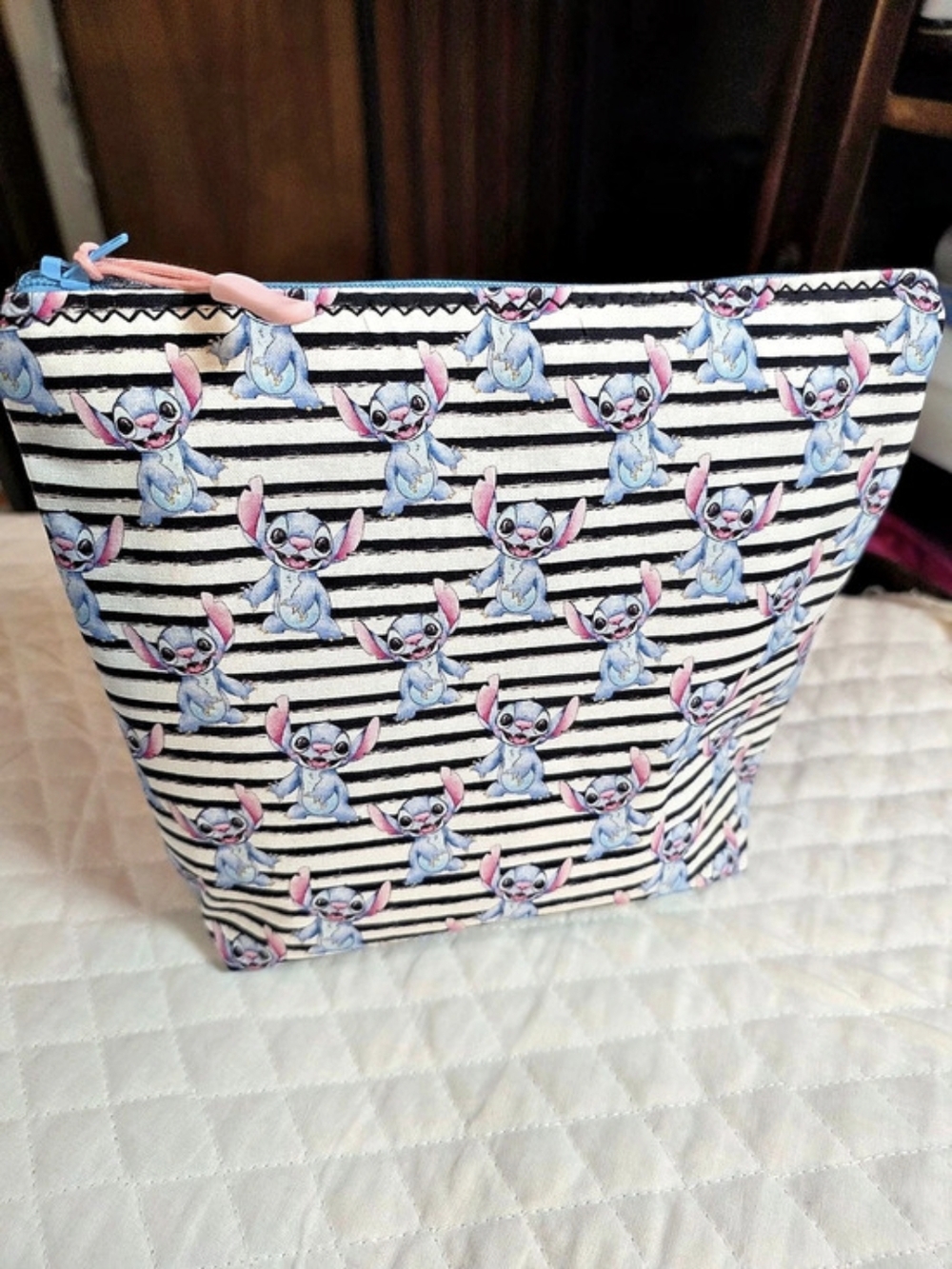 Stitch Striped Cosmetic Pouch in Black & Blue New HANDMADE
